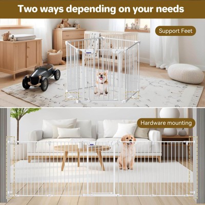 Foldable White Steel Extra-Wide Dog Gate with Auto-Close Door