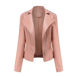 Women's Long Sleeve Leather Jacket Lapel Collar Slim Fit Biker Jacket with Beaded - 1 of 4