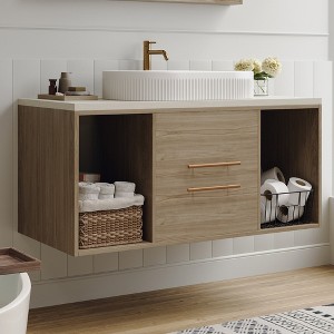 Mshliw 40 Inch Wall Mounted Bathroom Vanity with Oval Ceramic Sink, Floating Solid Wood Cabinet and Open Shelf Storage - 1 of 4
