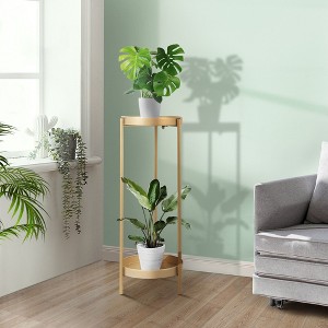 Sandinrayli 35.4in H Potted Plants Rack 2-Tier Metal Greenery Stand Holder Shelf Garden Decor with 2 Round Trays Gold - 1 of 1