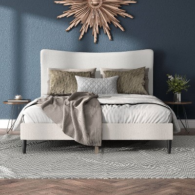 Cream Upholstered Queen Bed with Nailhead Trim and Slats