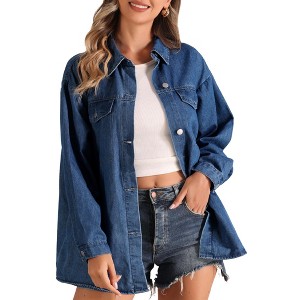 Allegra K Women's Collar Button Down Long Sleeve Casual Denim Oversized Jacket - 1 of 4
