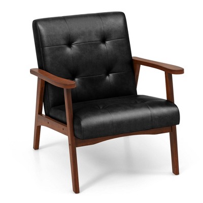 Costway Mid Century Accent Chair Tufted Reading Armchair Solid Rubber Wood Brown/Black