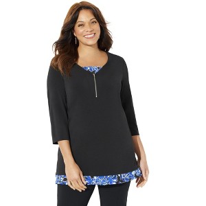 Catherines Women's Plus Size Half-Zip V-Neck Tunic Duet - 1 of 4