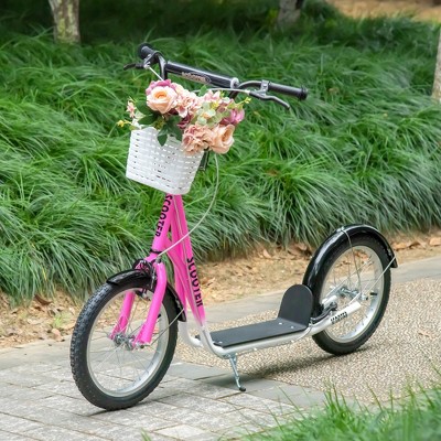 Pink Youth Kick Scooter with Adjustable Handlebars and Basket
