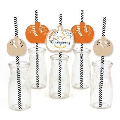 Big Dot of Happiness Happy Thanksgiving - Paper Straw Decor - Fall Harvest Party Striped Decorative Straws - Set of 24