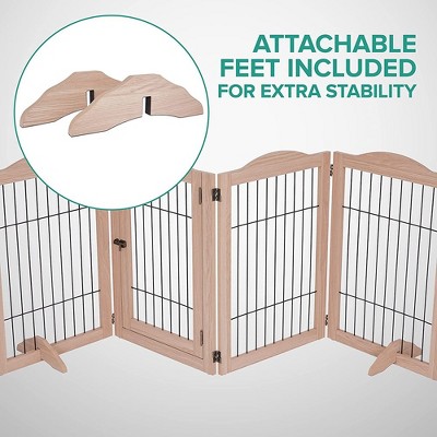Light Brown 4-Panel Freestanding Wooden Dog Gate with Walkthrough Door