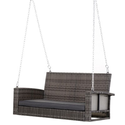 Grey Wicker Hanging Porch Swing Bench with Cushions