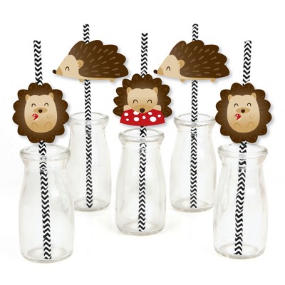 Big Dot of Happiness Forest Hedgehogs - Paper Straw Decor - Woodland Birthday Party or Baby Shower Striped Decorative Straws - Set of 24