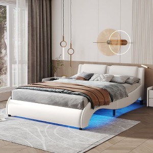 NicBex Full/Queen Upholstered Faux Leather Platform Bed Frame with LED Lights,Wave Like Curve Low Profile Platform Bed Frame,Wood Slats Support - 1 of 4