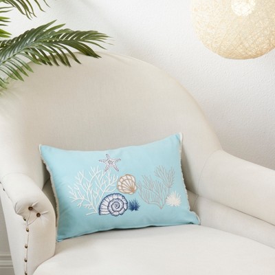 Blue Cotton Seashell Embroidered Throw Pillow Cover 12"x18"