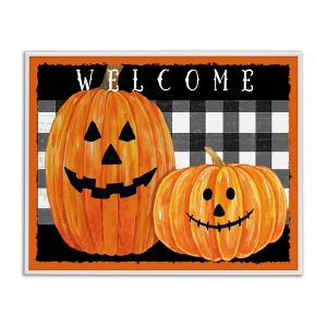 Stupell Industries Festive Halloween Welcome Sign Happy Pumpkins Black Plaid Framed Giclee Art - 1 of 4