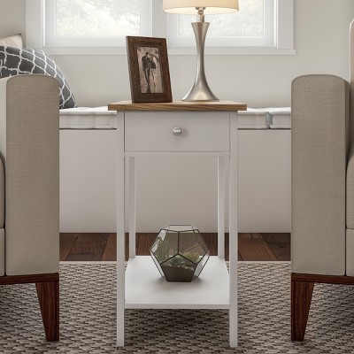 White and Honey Oak Slim End Tables with Drawer, Set of 2