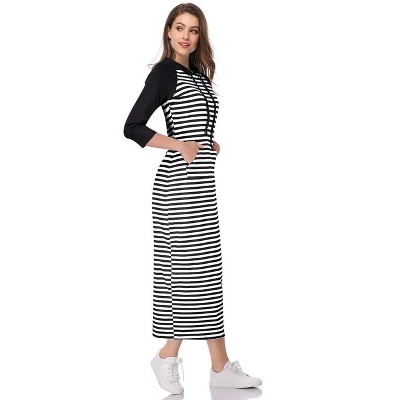 Womens Hoodie Sweat Dress 3/4 Sleeve Slim Fit Hooded Maxi Dress Stripe Summer Dress Soft Lounge Dress
