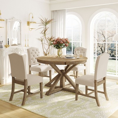5-Piece Round Dining Table Set with 4 Upholstered Chairs, Extendable Kitchen Table with Solid Wood Legs for Small Dining Rooms-The Pop Home