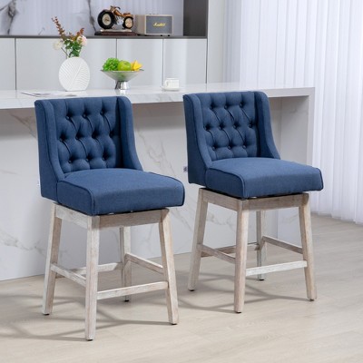 Blue Tufted Swivel Bar Stools with Wood Footrests, Set of 2