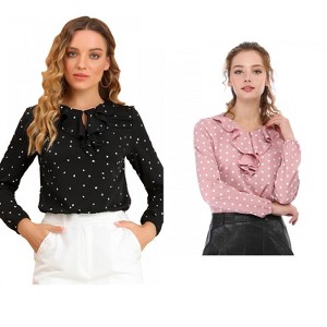 Allegra K Women's 2 Packs 1950s Vintage Ruffle Neck Long Sleeve Dots Chiffon Blouse X-Large Peacock Blue-Dots - 1 of 4