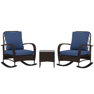Outsunny 3 Pieces Patio Furniture Set, Wicker Rocking Chairs with Coffee Table, Cushions, Outdoor Bistro Set for Porch, Garden - 1 of 4