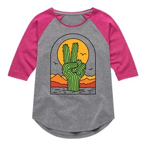 Girls' - Instant Message - Cactus Peace Sign Shirt Tail Raglan Graphic T-shirt - 1 of 4