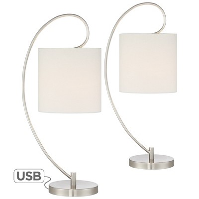 360 Lighting Modern Table Lamps Set of 2 with USB Charging Port Metal Arc White Drum Shade for Living Room Bedroom Bedside Office