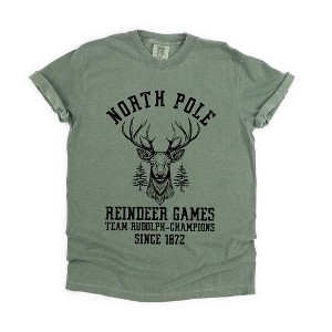 Simply Sage Market Women's North Pole Reindeer Games Short Sleeve Garment Dyed Tee - 1 of 4