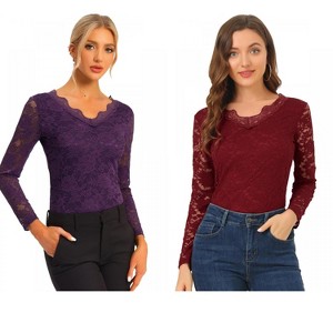INSPIRE CHIC Women's Floral Embroidery Sheer Long Sleeves Lace Blouse 2 Packs - 1 of 4