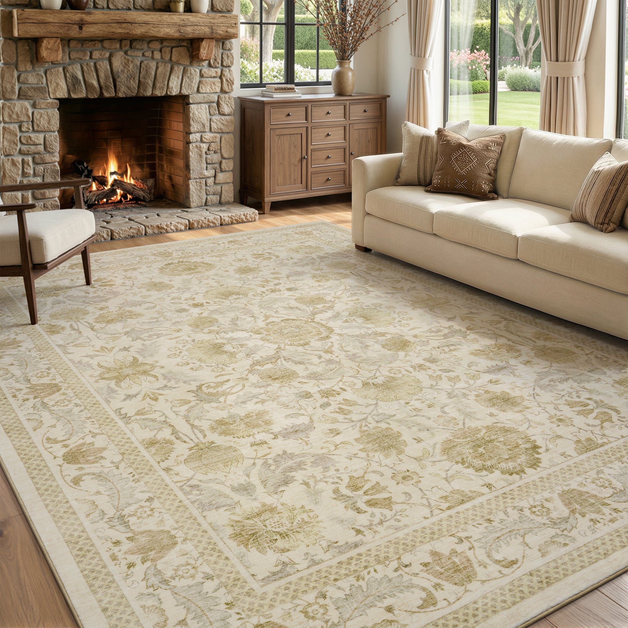 MontVoo Vintage Floral Washable Rug Gold 8‘x10’