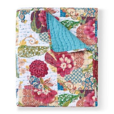 Jewel Multicolor Cotton Kantha-Quilted Reversible Throw Blanket, 50" x 60"