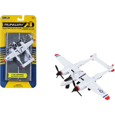 Lockheed P-38J Lightning Fighter Aircraft White with Red Wingtips with Runway Section Diecast Model Airplane by Runway24
