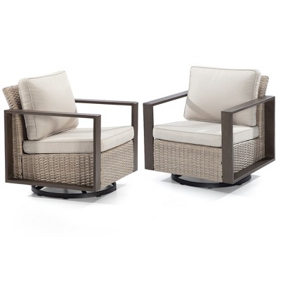 Beige Wicker and Steel Swivel Outdoor Lounge Chairs, Set of 2