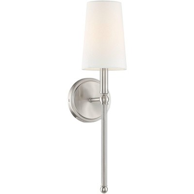 Regency Hill Mid Century Modern Wall Sconce Nickel Hardwired 21" High Fixture White Linen Shade for Bedroom Bathroom Living Room