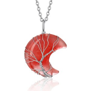 Tree of Life Wrapped Healing Crystal Necklace 12 Month Birthstone Pendant Crescent Heart Gemstone Jewelry - 1 of 4