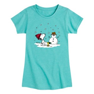 Girls' - Peanuts - Snoopy Woodstock Snowman Short Sleeve Graphic T-Shirt - 1 of 3