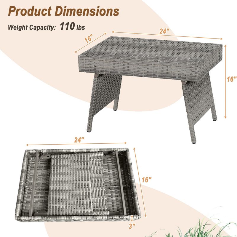 Costway Patio Folding Rattan Wicker Side Table End Coffee Table Portable Garden Mix Grey, 3 of 10