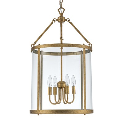 LLHZSY 4-Light Farmhouse Lantern Glass Chandelier Hanging Ceiling Pendant Light Fixture for Entryway/Hallway/House - Clear Glass - Gold