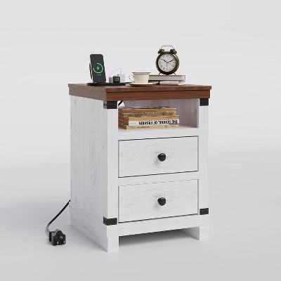 Farmhouse Nightstand with Charging Station - Modern Bedside Table with 2 Drawers, White Accent Table for Bedroom & Living Room
