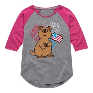 Girls' - Instant Message - Quokka with American Flag & Fireworks Shirt Tail Raglan Graphic T-shirt - 1 of 4