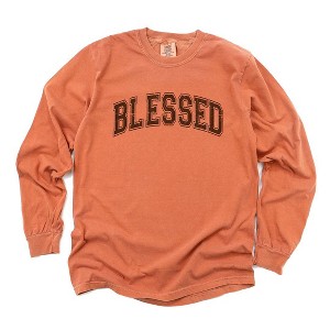 Simply Sage Market Women's Blessed Varsity Long Sleeve Garment Dyed Tee - 1 of 3