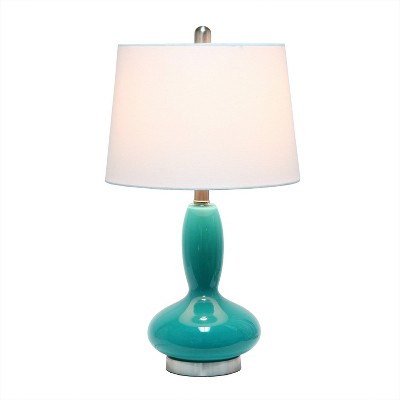 Teal Glass Gourd-Shaped Nightstand Lamp with White Fabric Shade