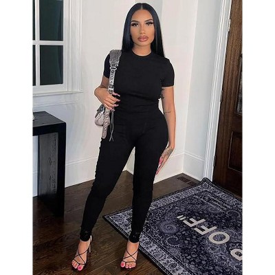DOMETOUR Casual Workout Yoga Sports Two Piece Outfits for Women Fitted Crew Neck T-shirt High Waist Pants