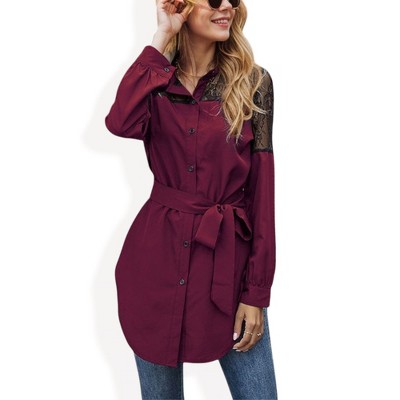 Anna-Kaci Women's Long Sleeve Button-Up Tunic Shirt with Lace Panels and Waist Tie