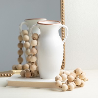 Sleek White Ceramic Vase with Natural Rim and Handles 11"x6"