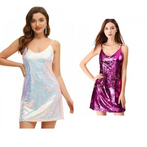 Allegra K Women's Glitter Sequin Spaghetti Strap V Neck Cocktail Sparkly Mini Dress 2 Packs - 1 of 4