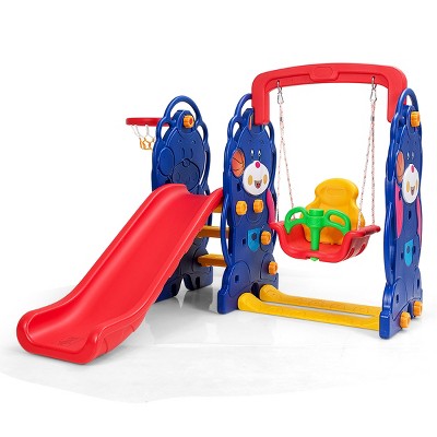 3 in 1 Toddler Climber and Swing Set Kid Climber Slide Playset w/Basketball Hoop