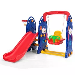 3 in 1 Toddler Climber and Swing Set Kid Climber Slide Playset w/Basketball Hoop