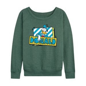 Women's - Disney - Leaning Donald Duck With Nametag Lightweight French Terry Wide Neck Long Sleeve Shirt - 1 of 4