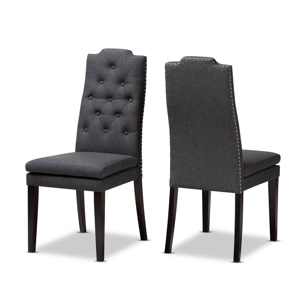 Photos - Chair Set of 2 Dylin Button Tufted Wood Dining  Charcoal - Baxton Studio