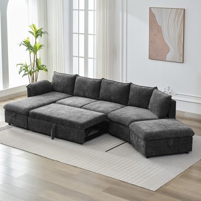 146.9"W L-Shaped Sectional Sofa with a Movable Storage Ottoman, Pull-out Sofa Bed with a Storage Chaise Lounge and 2 USB Ports 4S - ModernLuxe