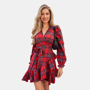 Women's Red Tartan Plaid Blouson Sleeves Wrap Dress - Cupshe - 1 of 4
