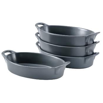 Bruntmor 8" x 5" Oval Porcelain Ceramic Deep Dish Pie Pan, Black Set of 4